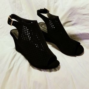 Black slingback open-toe wedge sandals